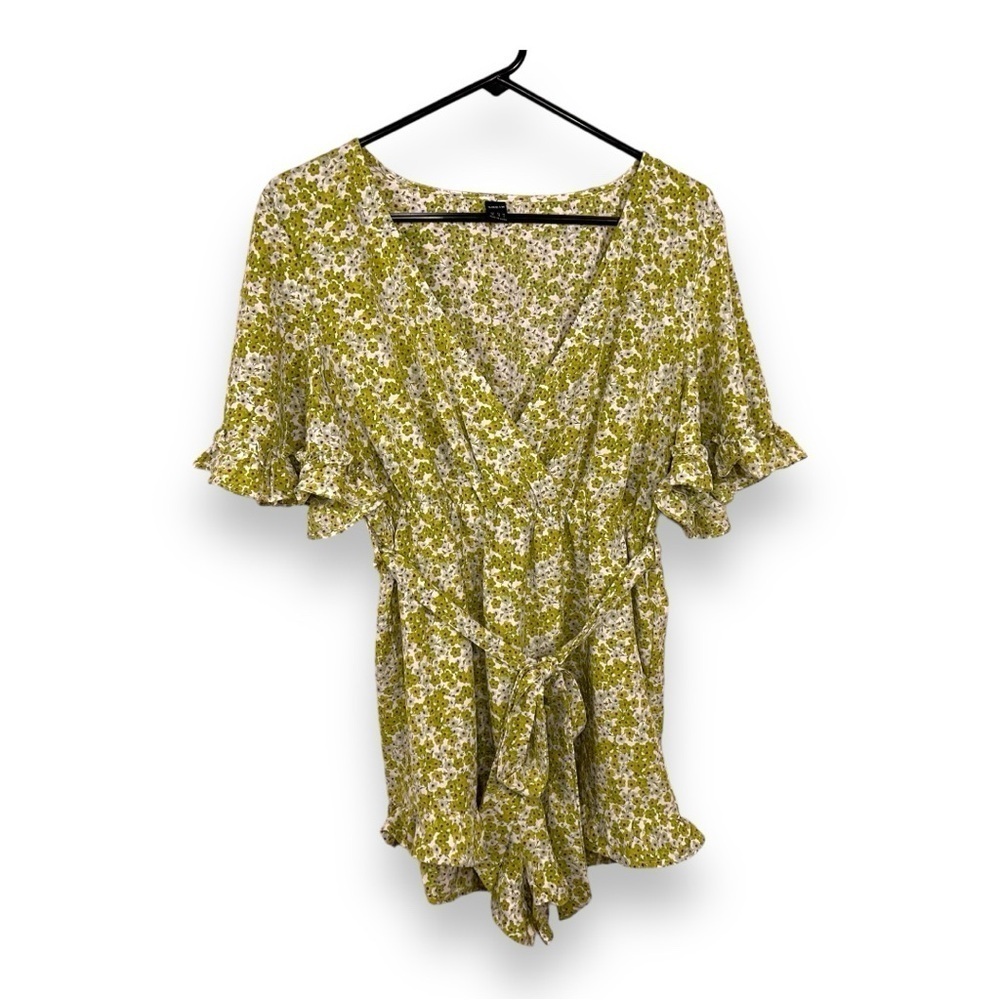 SIZE 6 SHEIN GREEN FLORAL RUFFLE ROMPER LIGHTWEIGHT COTTAGE